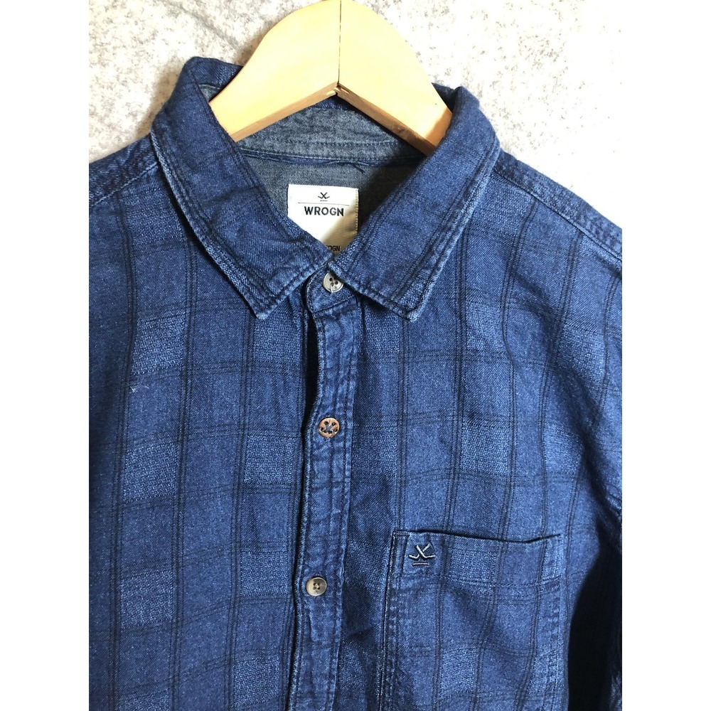 WROGN Shirt Mens Large Blue Check 100% Cotton Slim Fit Button Front Casual